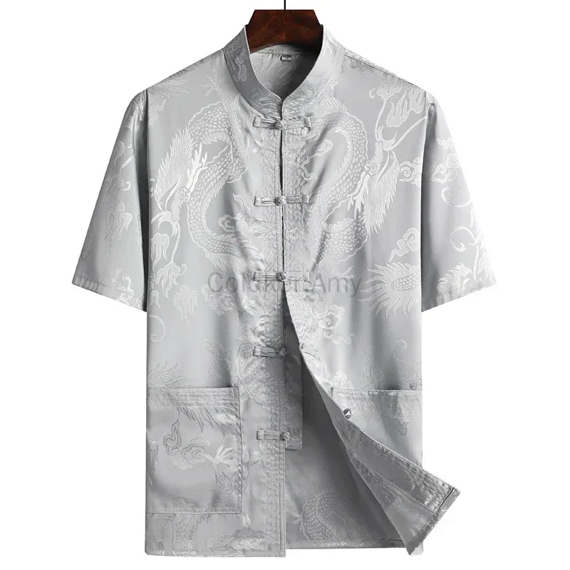 Vêtements traditionnels chinois pour hommes, costume Tang rouge Hanfu, chemise à manches courtes, Vintage Kung Fu chinois, hauts brodés