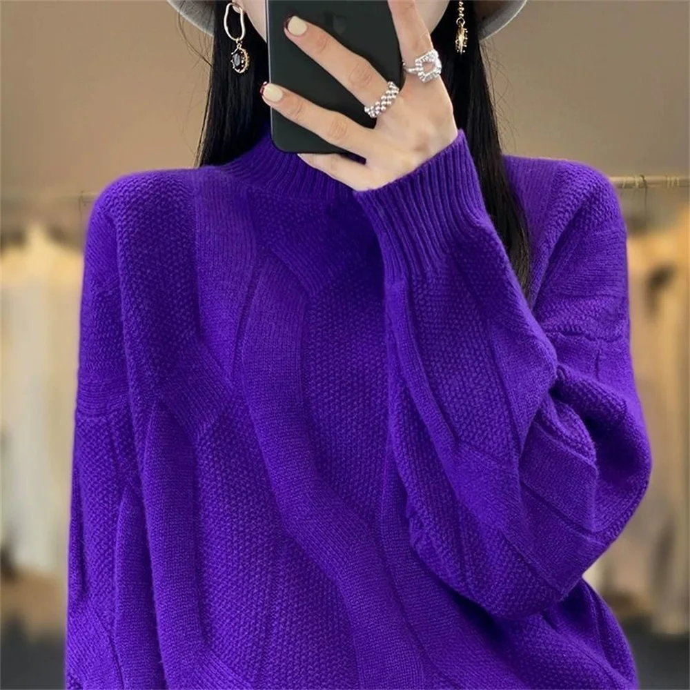 Pull en laine à col mi-haut pour femme, pull en cachemire monochrome, manches longues douces, vêtements à la mode, automne et hiver