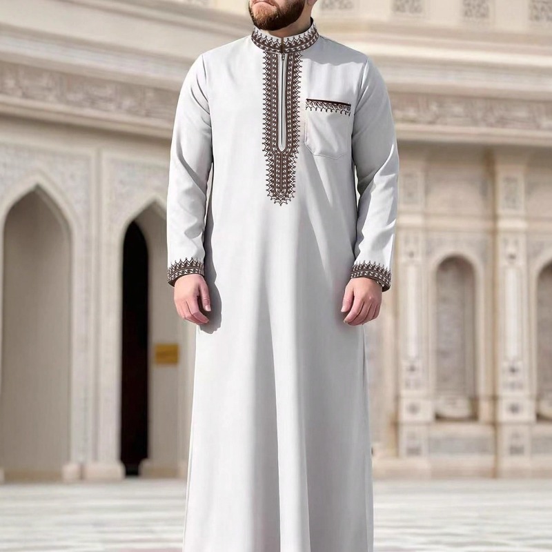 KIDWHXR 2026 Vêtement Islamique Homme Robe Brodé Col Montant Jubba Thobe Demi-Zip Manches Longues Robe Décontractée pour Homme