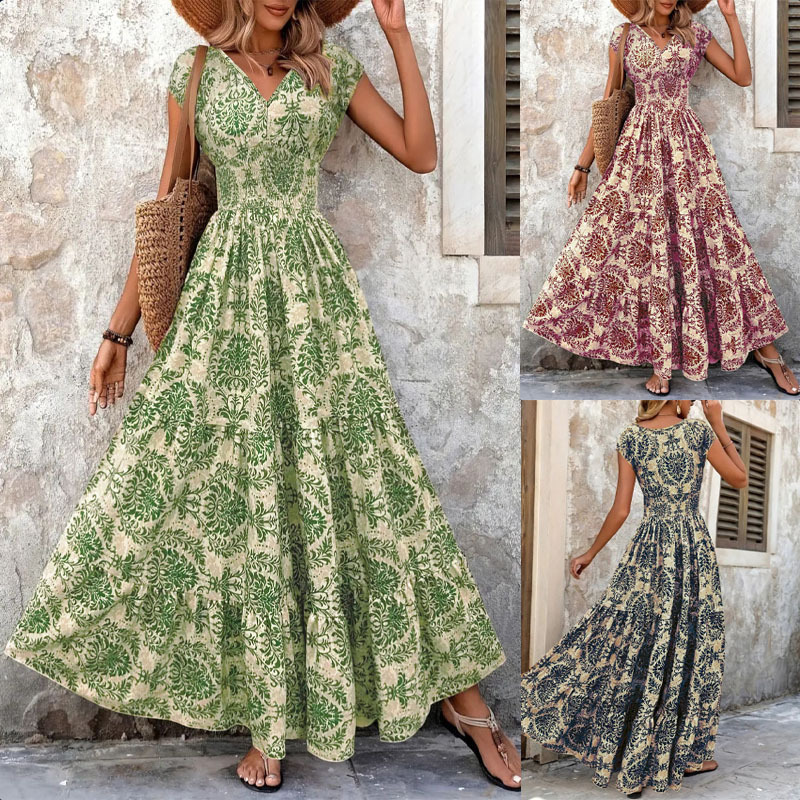 Robe Vintage à Imprimé Floral 2026, Élégante, Col en V, Manches Courtes, Longue, Mode Femme, Robe Rétro