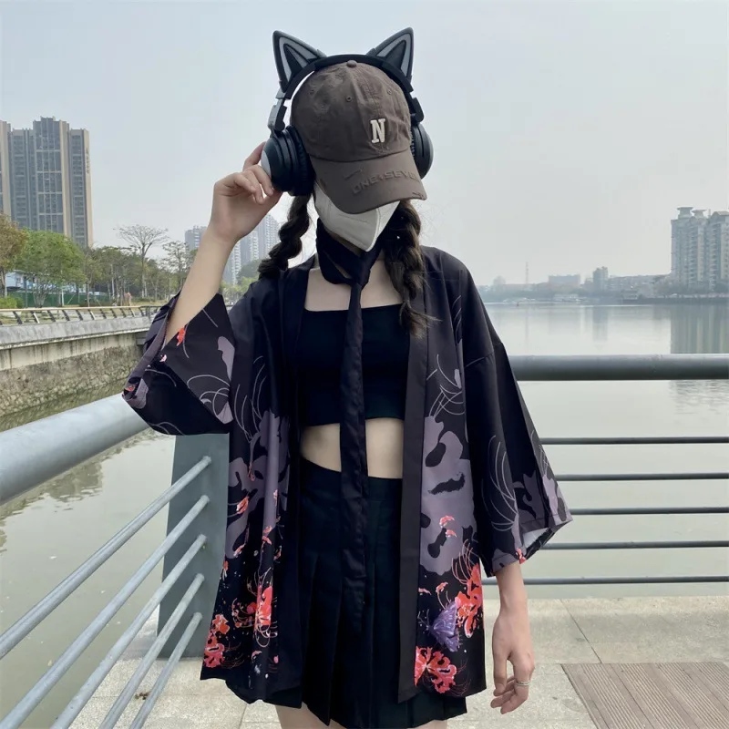 Kimono japonais blanc imprimé fleurs, vêtements traditionnels pour femmes, Haori Obi, ceinture de plage