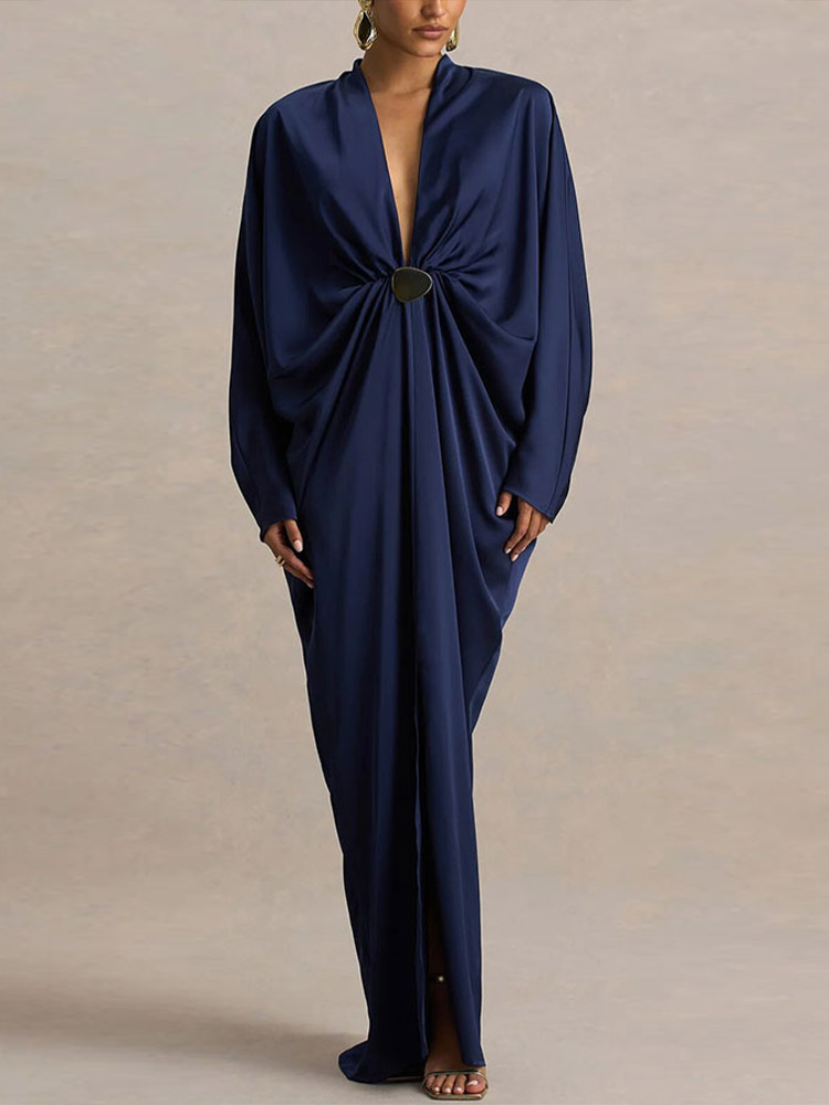Robe longue chic en satin pour femme, col en V, manches chauve-souris longues, boucle dorée, collection été 2026, robes de soirée pour femme