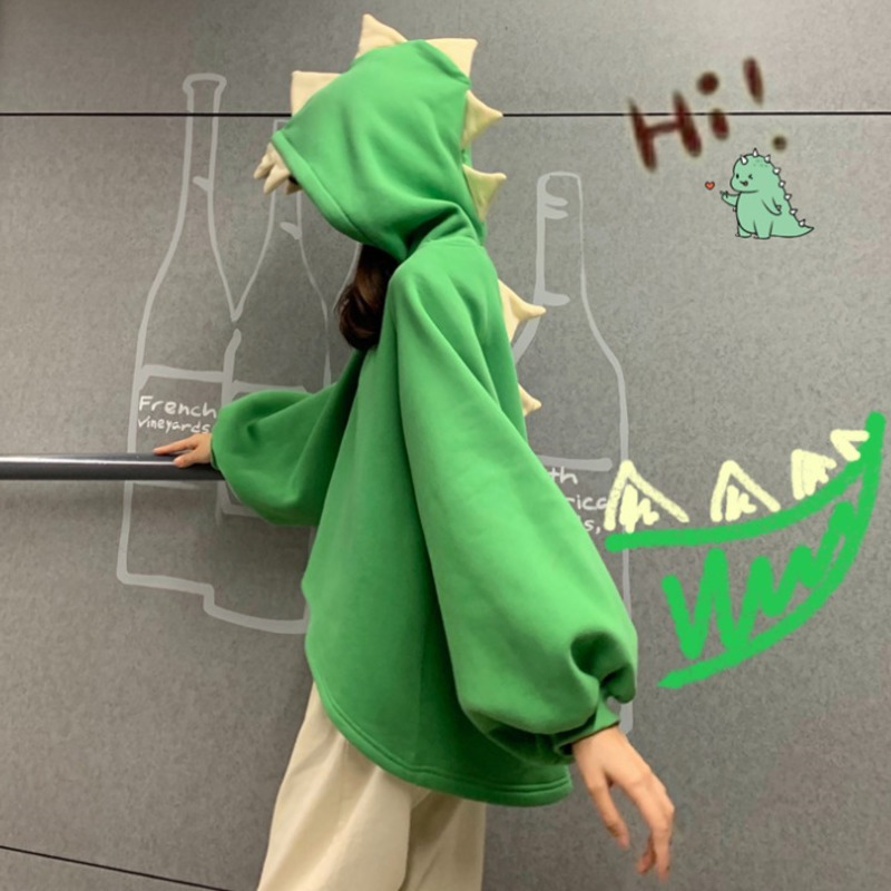 Automne femmes dessin animé corne de dinosaure casquette à capuche Harajuku sweats mignon avant court dos Long Halloween Dragon forme pulls