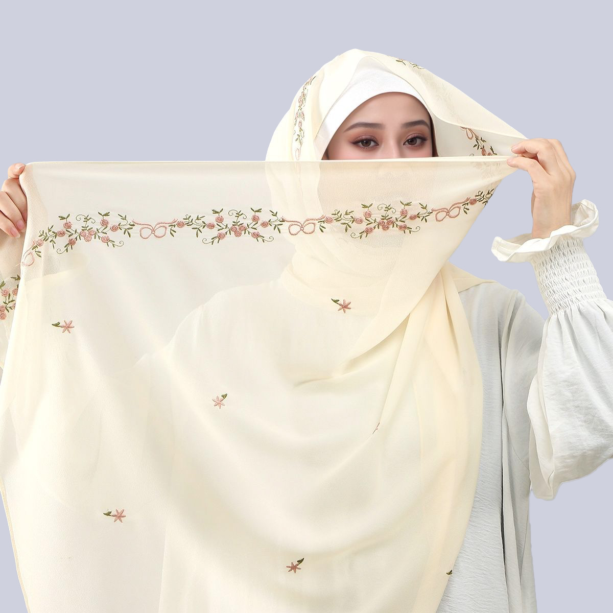 Voile Hijab en Chiffon Brodé Floral Ramadan pour Femme, Foulard Uni Premium, Châle, Turban, Bandana 170*70cm