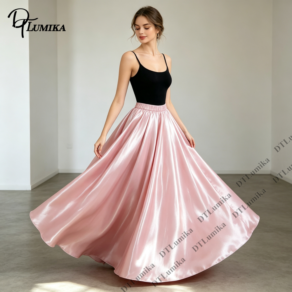 Jupe longue évasée en satin brillant à taille élastique pour femme, personnalisable, taille haute, pour invitées de mariage, bal de promo, soirée, occasions formelles