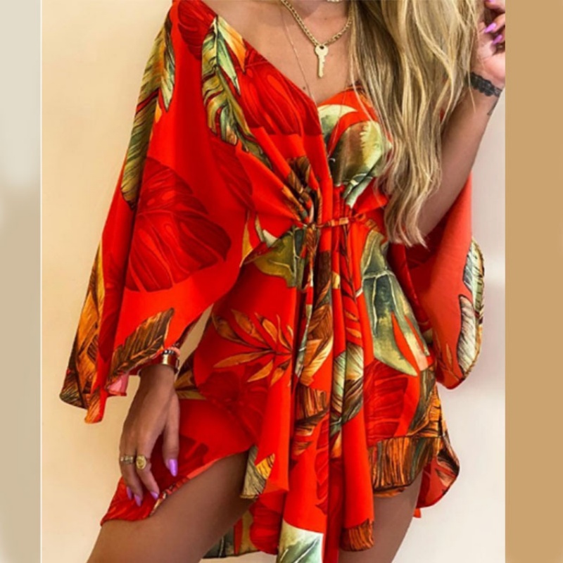Robe kimono à imprimé floral pour femme, col en V, avec ceinture à nouer et ourlet asymétrique, idéale pour les vacances d'été à la plage