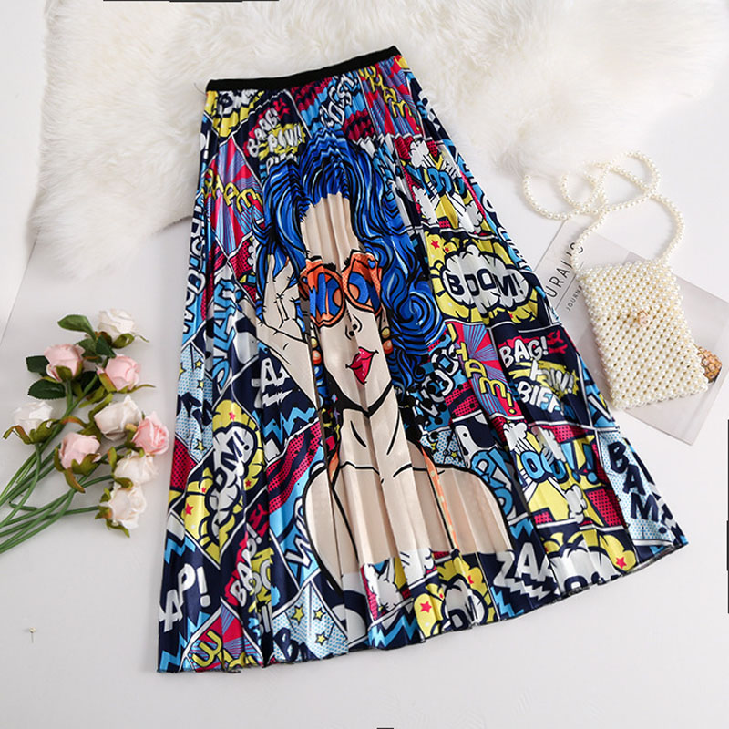 Jupe plissée élastique à motif de dessin animé pour femmes, grande balançoire, fête, vacances, taille haute, été, nouveau, 2022
