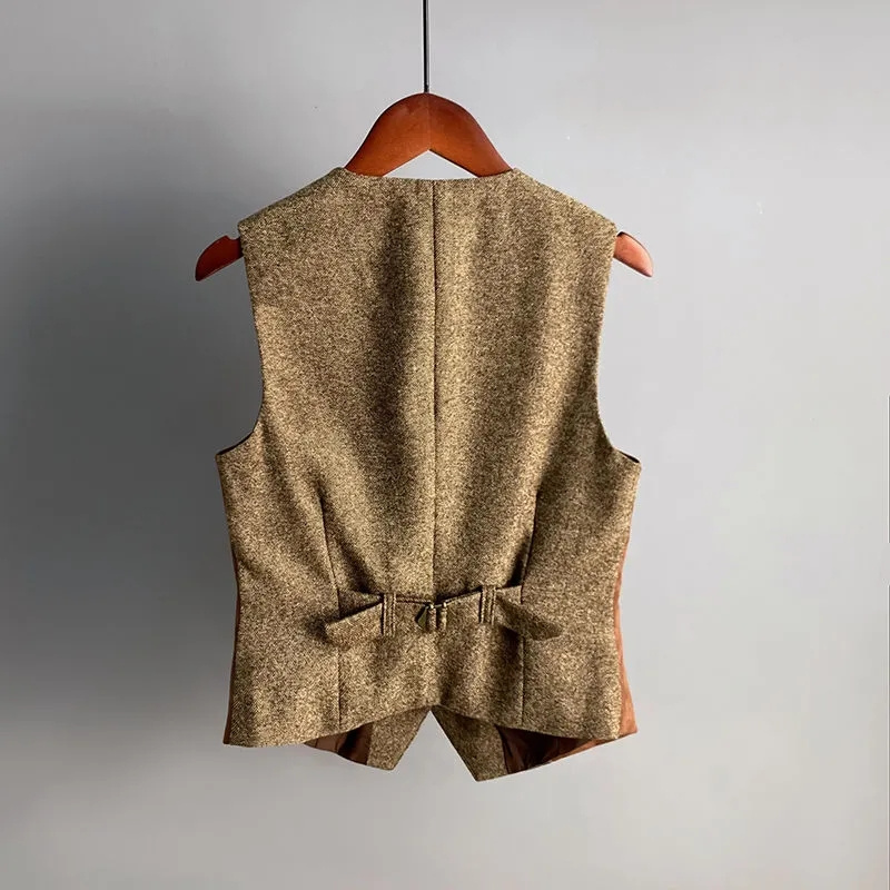 2025 mode printemps automne daim épissé laine gilet femmes court gilet col en v sans manches veste dame décontracté hauts mince manteau