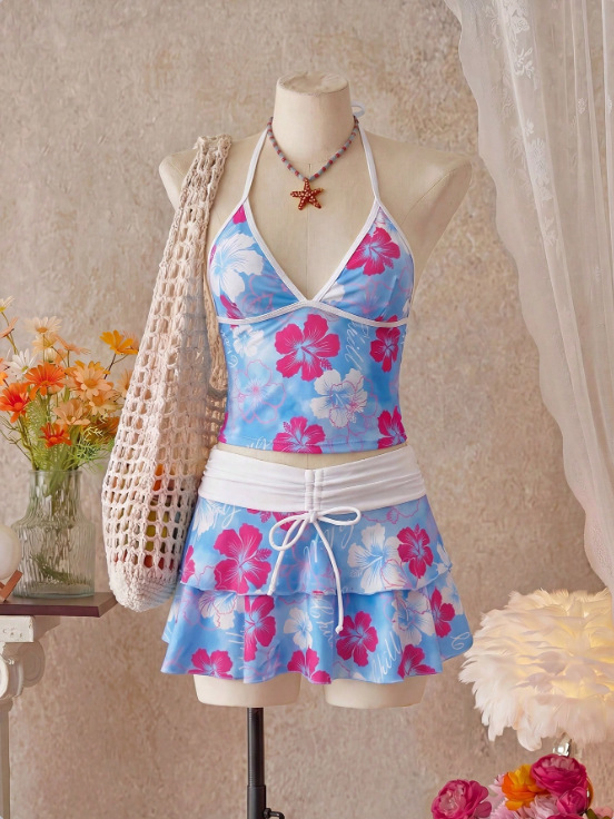 Ensemble Tankini 3 Pièces Floral pour Femme : Haut Halter, Culotte Bikini et Jupe de Bain à Volants Superposés avec Cordon de Serrage – Maillot de Bain Tropical pour la Plage