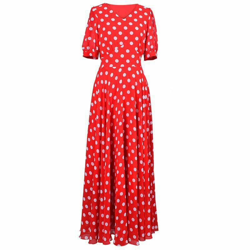 Robe longue en mousseline de soie à pois rouges pour femmes, nouvelle collection été, style bohème, pour les vacances à la plage, robe élégante pour femmes