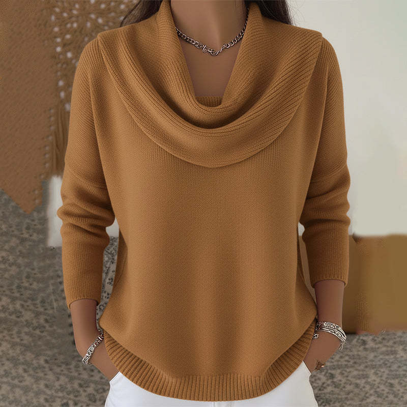Pull à col drapé pour femme, haut en tricot simple et élégant à col rond, adapté au printemps, à l'automne et à l'hiver