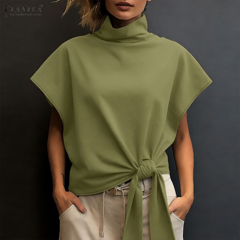 Chemisier d'été tendance 2026 ZANZEA – Chemise unie de bureau pour femme, col roulé, manches courtes, Blusas élégantes, hauts de vacances asymétriques à lacets