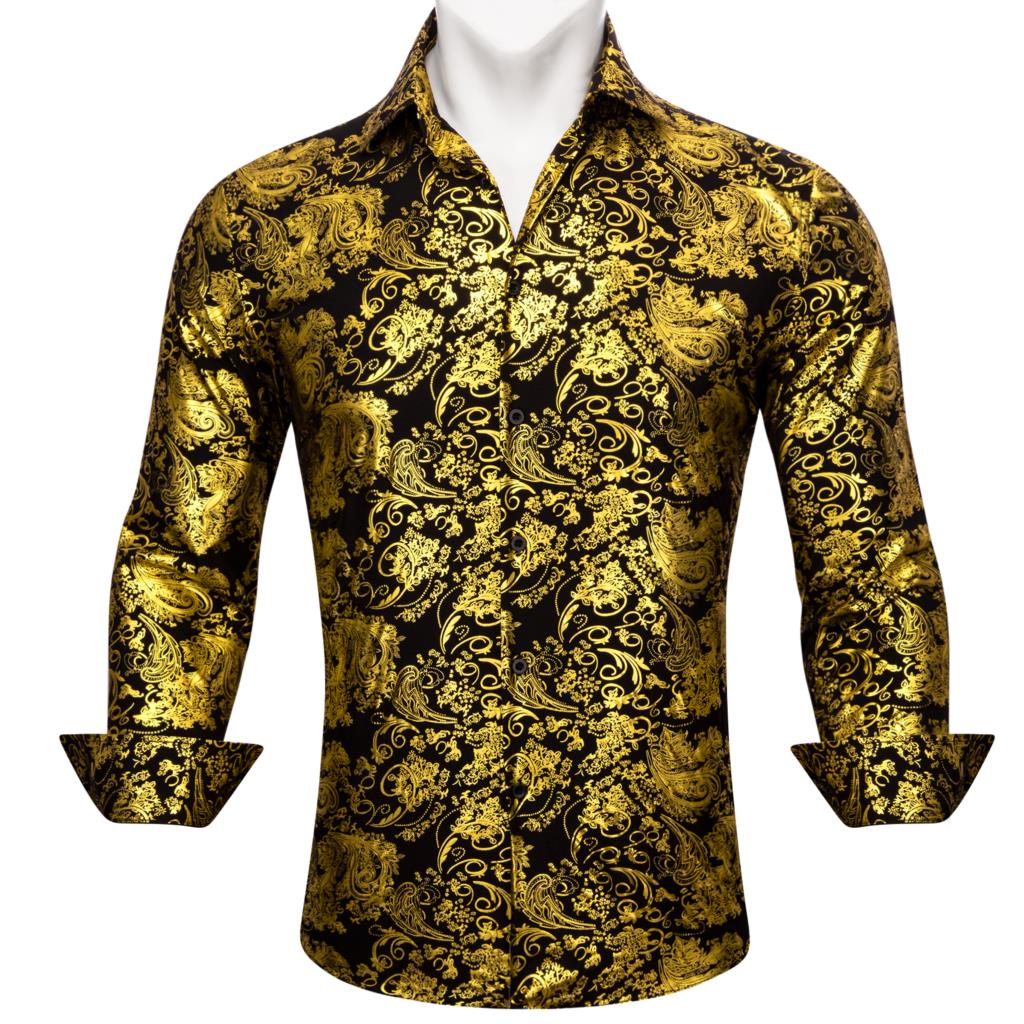 InjShirts de Luxe à Manches sulfpour Homme, Broderie Florale Noire et Dorée, Coupe Ajustée Régulière, Revers