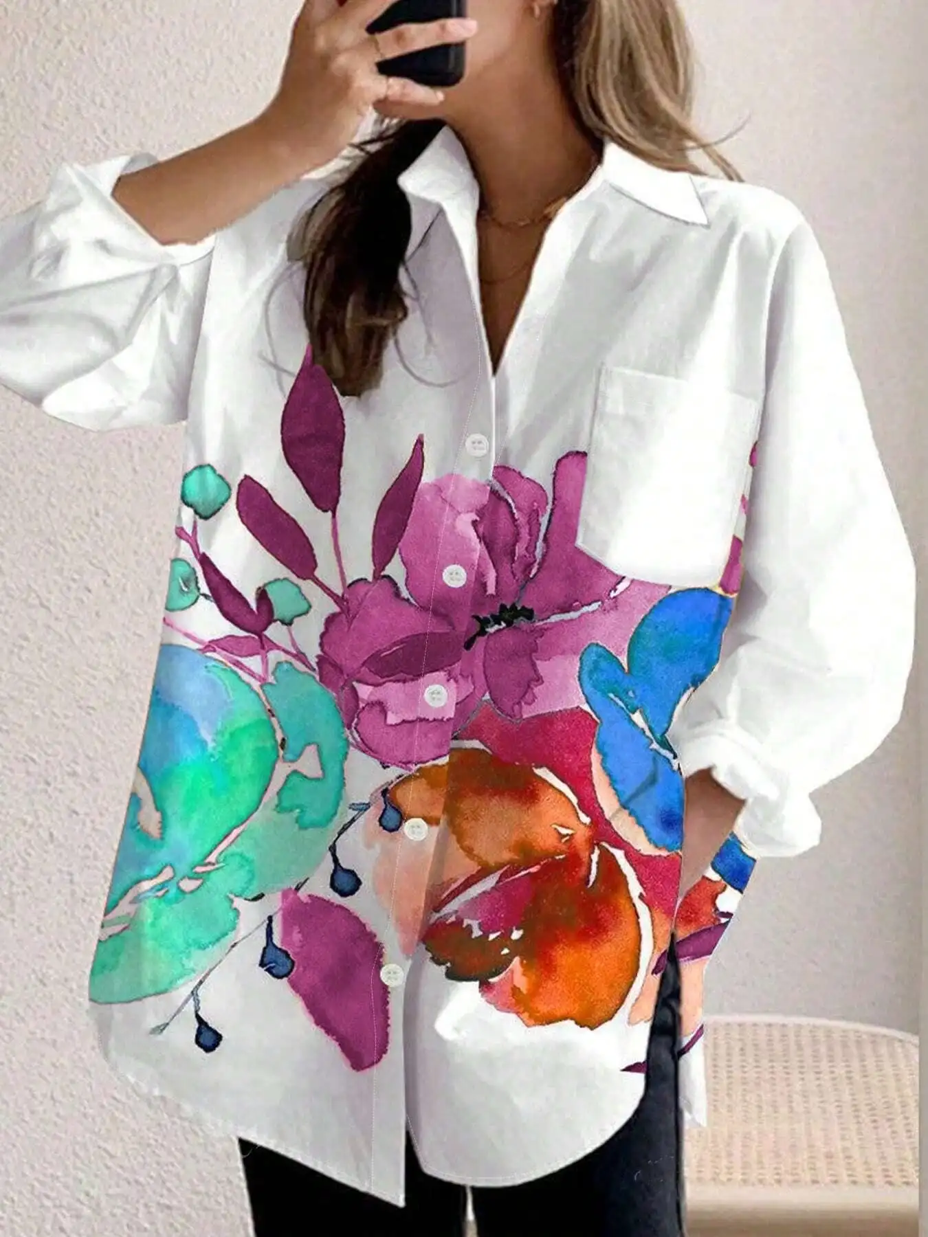 Grande taille femmes mode printemps automne imprimé fleuri poche à manches longues chemise décontractée revers simple boutonnage chemisier ample chemise
