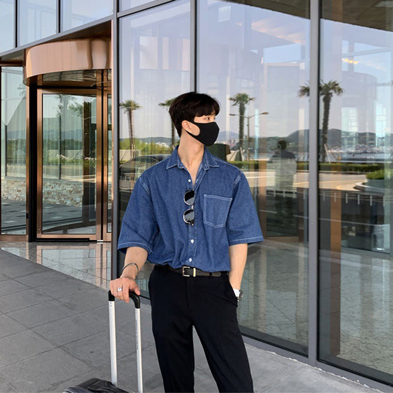 Chemise de poche à manches courtes en denim pour hommes, streetwear populaire coréen, vêtements d'été de luxe, boutonné de loisirs