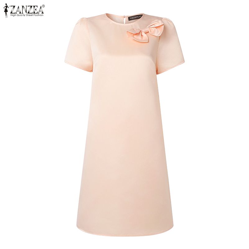 ZANZEA – robe de thé élégante en satin et soie pour femme, col rond, manches courtes bouffantes, détail nœud, couleur unie, longueur aux genoux, robes d'été pour femmes