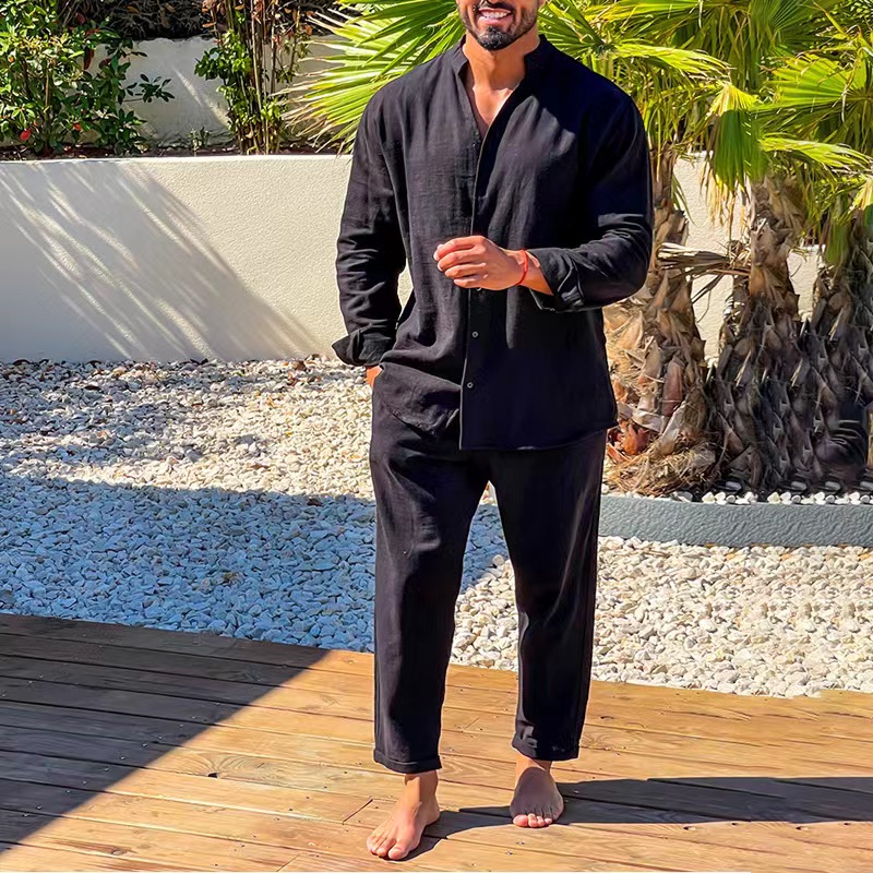 Chemise à col montant en lin à manches longues pour hommes, chemise respirante monochromatique, vêtements de sport décontractés, mode simple, ensemble deux pièces FJM