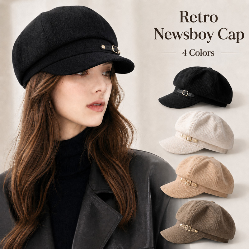 Béret Femme Automne Hiver, Casquette d'Artiste Vintage, Chapeau Newsboy avec Ceinture Décorative, Casquette de Peintre Octogonale Tendance à Visière Courte