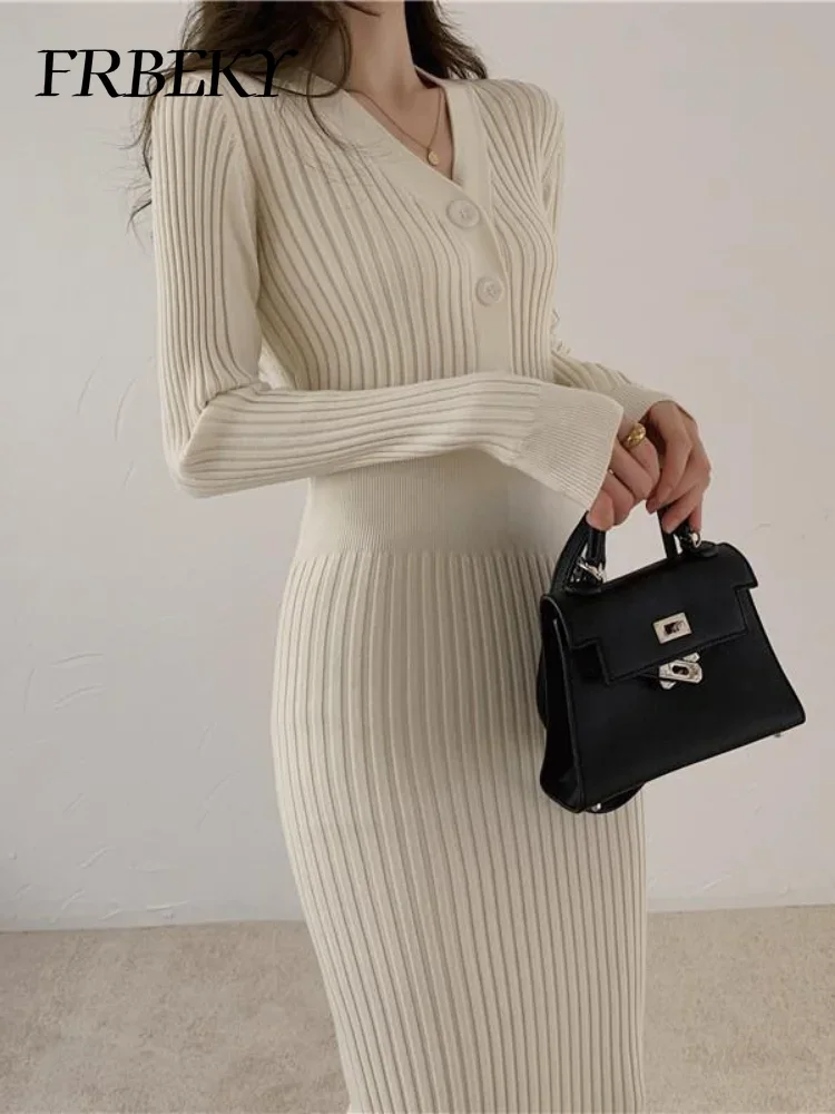 Robe pull à col en V taille élastique GT, tricots à fond de hanche, robes longues élégantes, mode mince, tambour coréen, automne