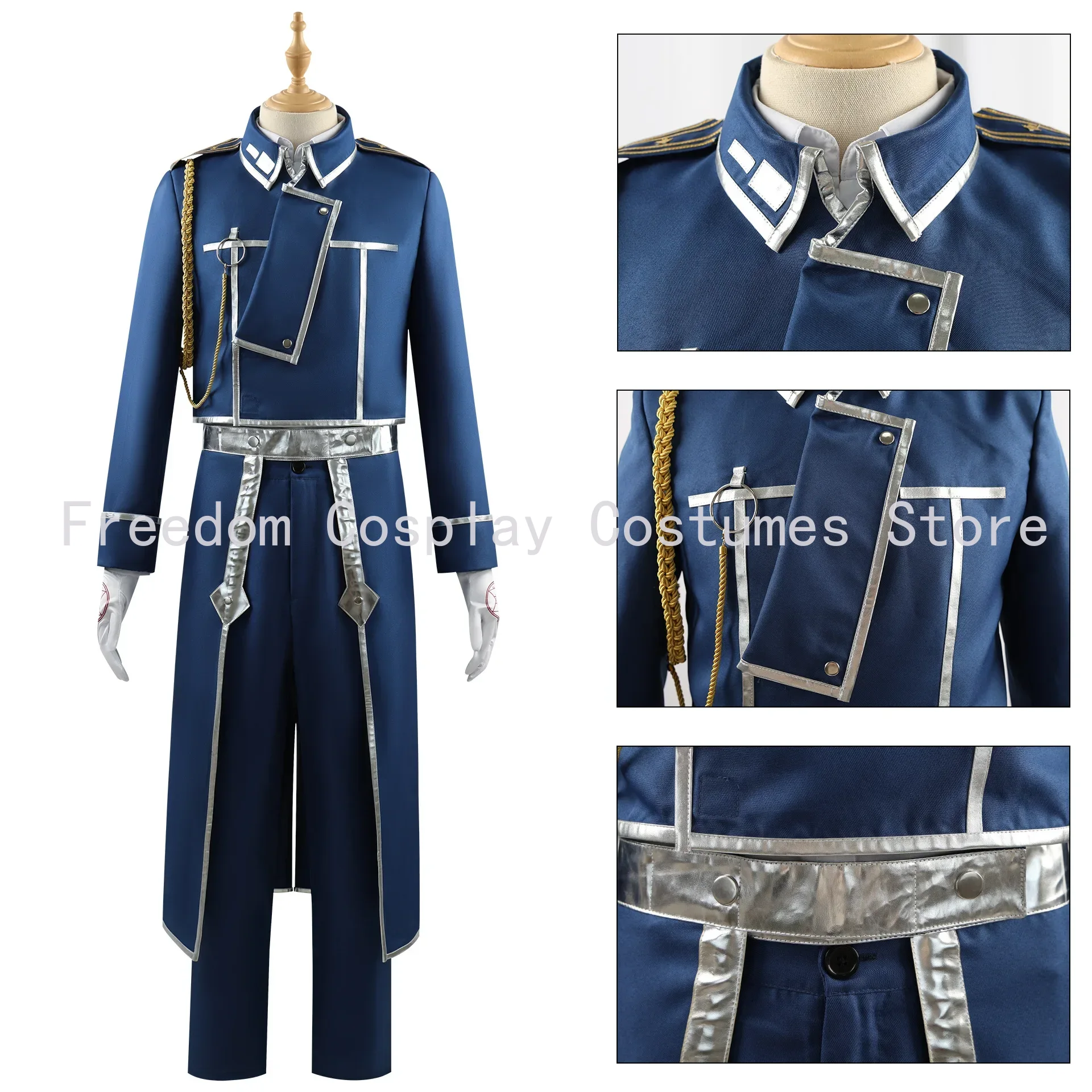 Roy Mustang Anime Fullmetal Alchemist Cosplay Costume pour homme, uniforme avec perruque, manteau militaire bleu, exposition de jeu, tenue de fête sur scène