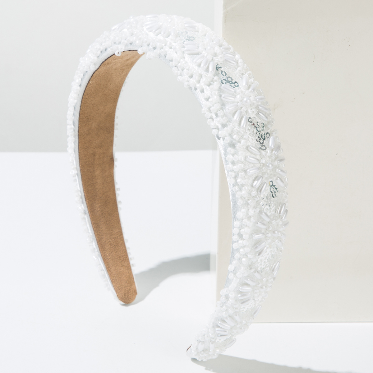 Serre-tête large rembourré à fleurs et perles pour femmes, fait main, avec perles florales, accessoire de cheveux pour mariage et fête