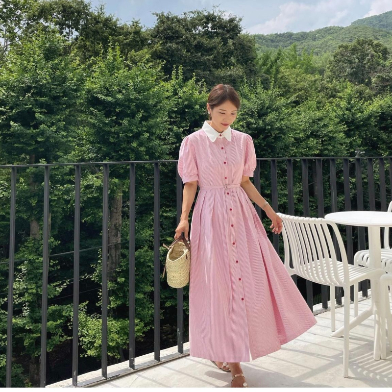 Robe pour femme de style coréen, manches courtes, couleur unie, col rabattu, robe rayée pour femme, style preppy, robes pour femmes