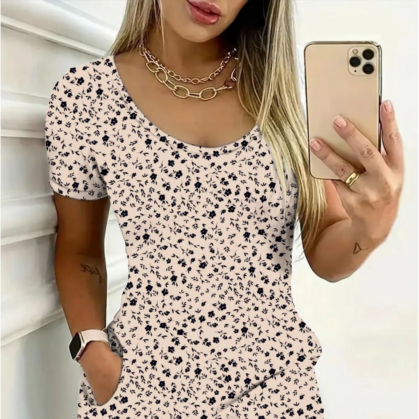 Robe courte et jupe pour femme, décontractée, élégante, ample, confortable, à col rond, manches courtes, couleur unie ou imprimé floral