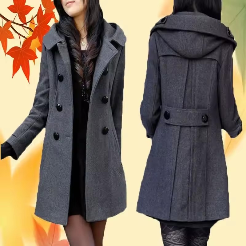 Manteau en laine mi-long chaud pour femme, veste en coton à manches longues avec capuche, vêtements d'extérieur à Double boutonnage, mode hiver