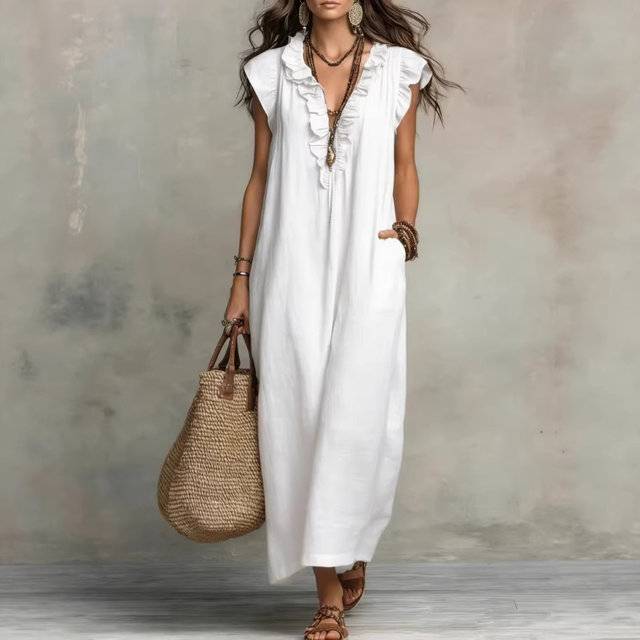 Robe longue patchwork pour femme 2026 – Nouvelle collection été, sans manches, élégante, décontractée, vintage, pour soirée – Vêtements féminins