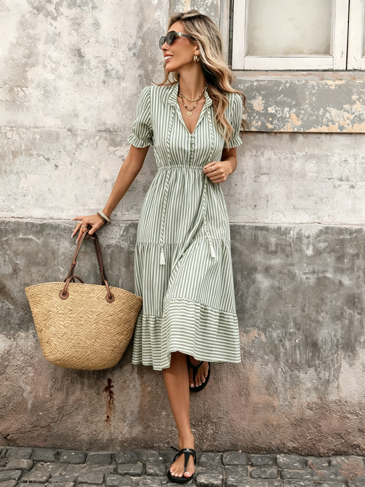 Robe d'été rayée à franges style bohème pour femme, élégante, col en V, manches bouffantes, taille élastique, longueur midi, idéale pour les vacances à la plage