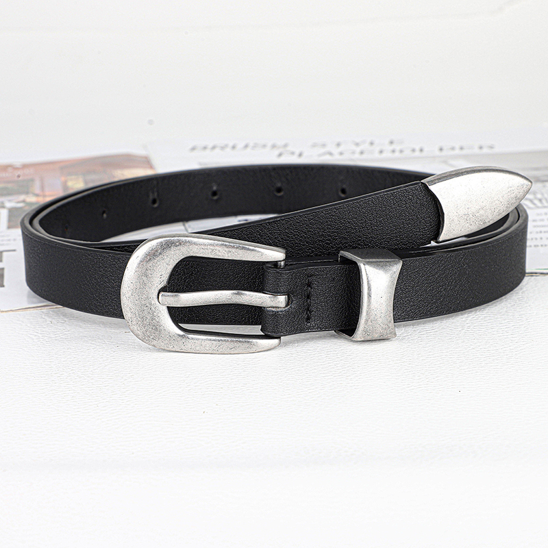 Ceinture noire classique pour femme avec boucle ardillon argentée, style vintage pour jeans, robes et tenues décontractées, accessoire de mode durable