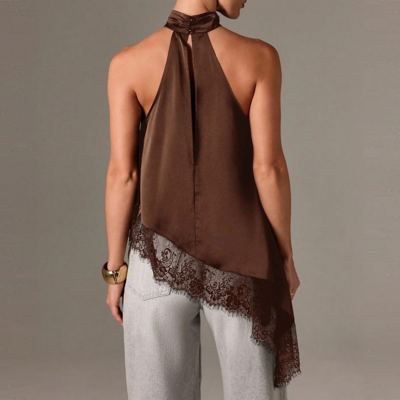 Femmes dentelle florale garniture Satin soie haut bas gilet bouton drapé tour de cou licou cou asymétrique Cami soyeux superposition haut