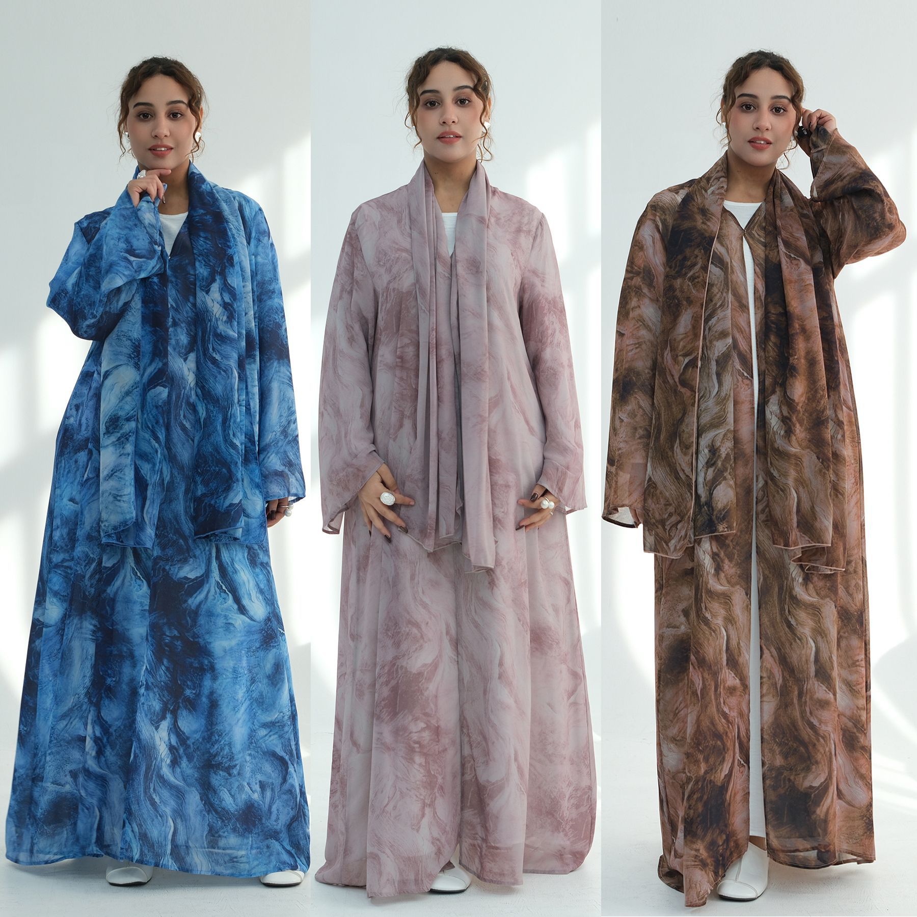 Abaya ouvert en mousseline de soie, ombré, aquarelle, marbre, imprimé Tie-Dye, Premium, dubaï, ensemble de 2 pièces, vêtements islamiques, vente en gros
