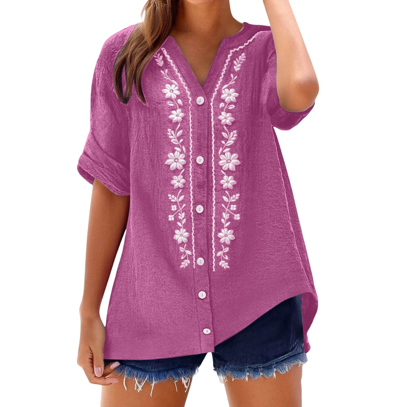 Chemisiers vintage à broderies florales pour femmes, chemises décontractées d'été à col en V et manches courtes, blusas mujer, chemises boutonnées, tuniques en coton et lin
