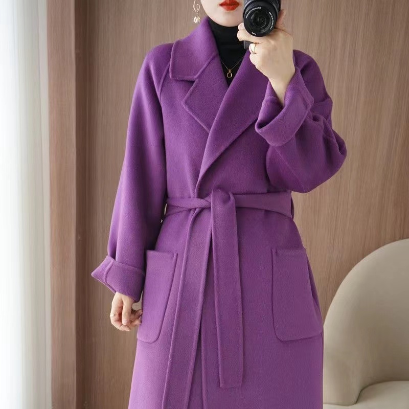 Manteau en laine 100% pour femme, vêtement de tempérament, Double face, en cachemire avec ceinture, pardessus Long élégant, mode automne/hiver 2024