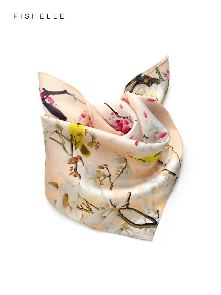 Foulard Carré en Soie Naturelle pour Femme, Petit Mouchoir, Style Chinois, Peinture d'Oiseau et de Fleur