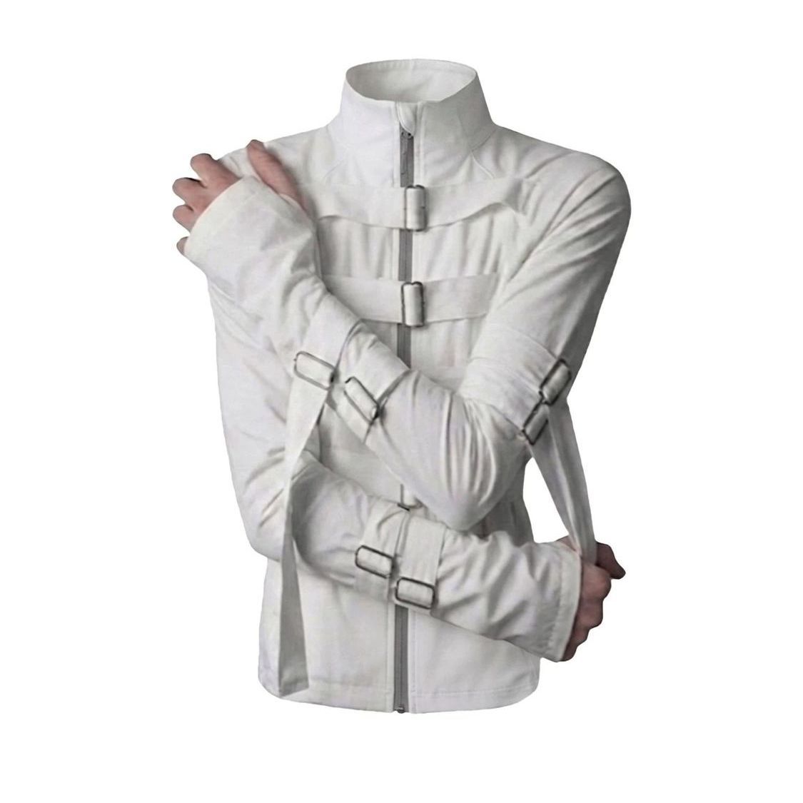 Veste zippée style veste de cérémonie pour hommes et femmes, col montant, manches longues, coupe ajustée, sangle à boucle métallique, style gothique sombre, streetwear alternatif