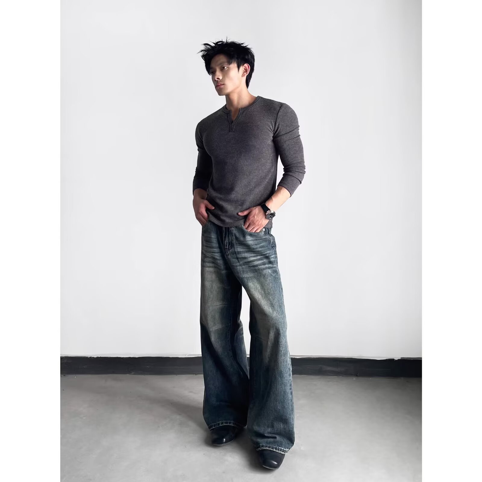 Jean droit pour homme, style décontracté urbain, coupe large, automne-hiver, pantalon long, style rétro, taille mi-haute, détail poche zippée