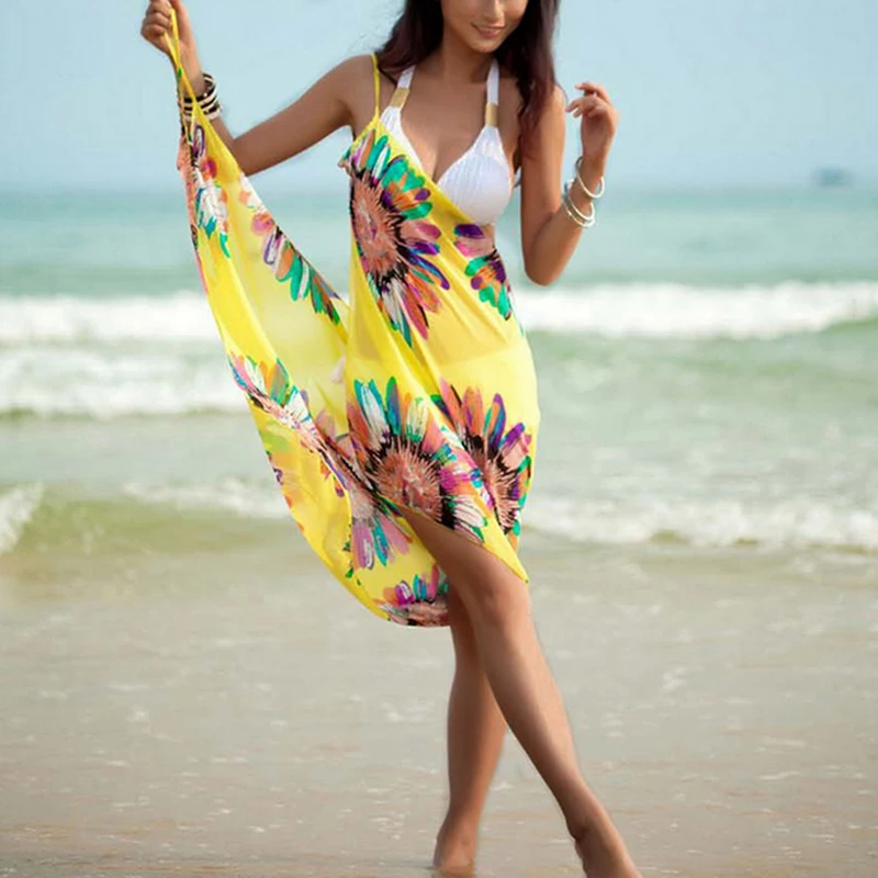 Robe de plage en mousseline de soie pour femmes, Cover-up imprimé, Sexy, col licou, écharpe, serviette de plage, portefeuille, jupes, dos ouvert, maillots de bain