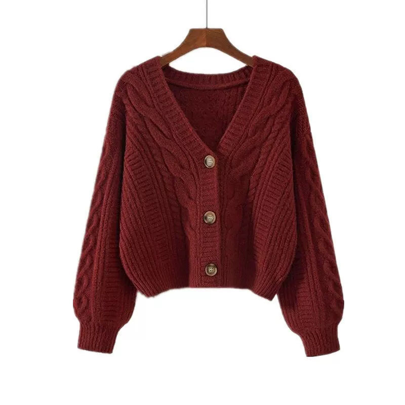 Cardigan court à manches longues et col en v pour femme, couleur unie, Vintage, torsadé, tricoté, avec boutons, nouvelle collection automne hiver