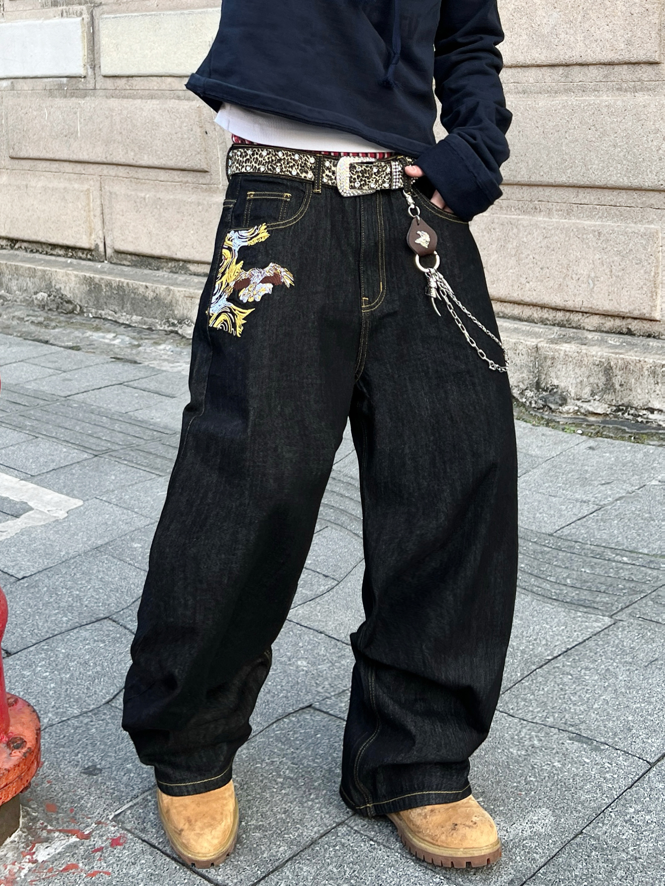 Jeans polyvalents noirs pour hommes, pantalons larges et amples, pantalons tendance brodés rétro Y2K pour hommes, adaptés à toutes les saisons, sans accessoires