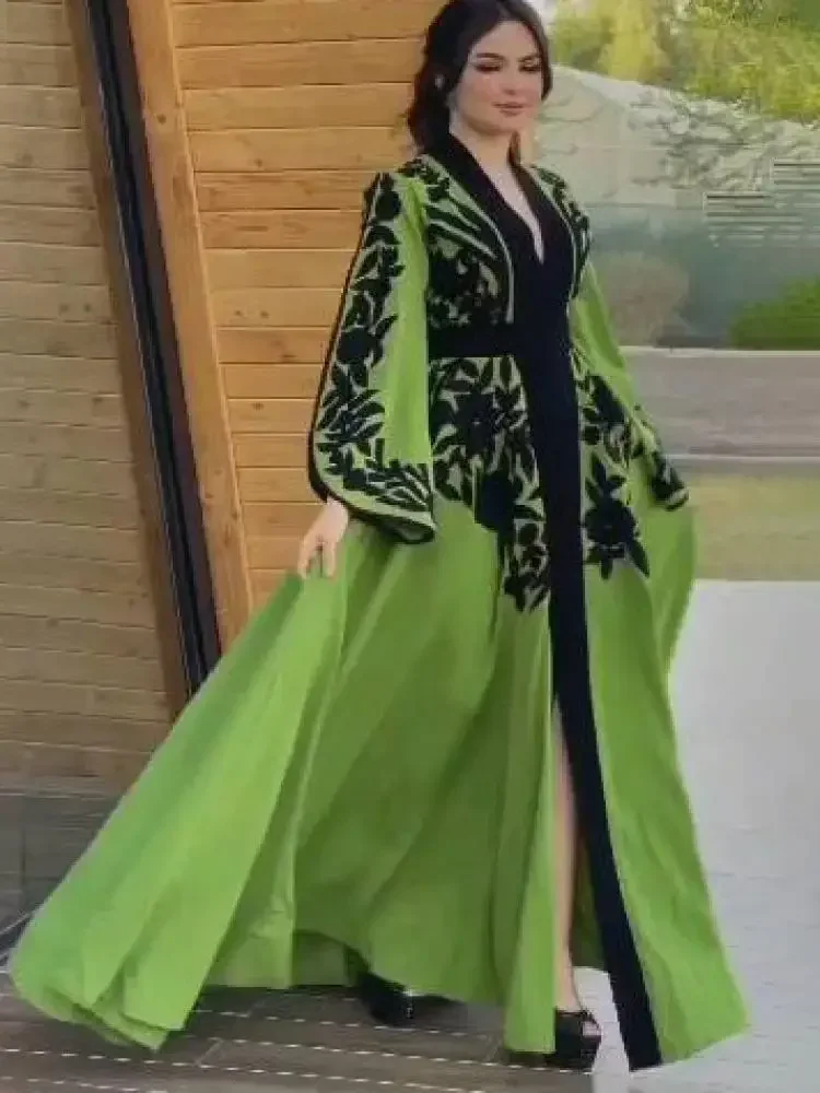 Robe de ramadan musulmane avec appliques, robe maxi de soirée élégante, col en V, manches évasées, taille nouée, robe trapèze à manches longues, printemps