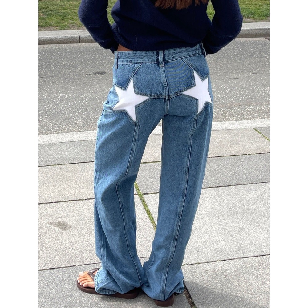 Jeans pour femmes 2025, imprimé étoiles, pantalon droit, taille haute, délavé, poches, longueur au sol, streetwear, denim