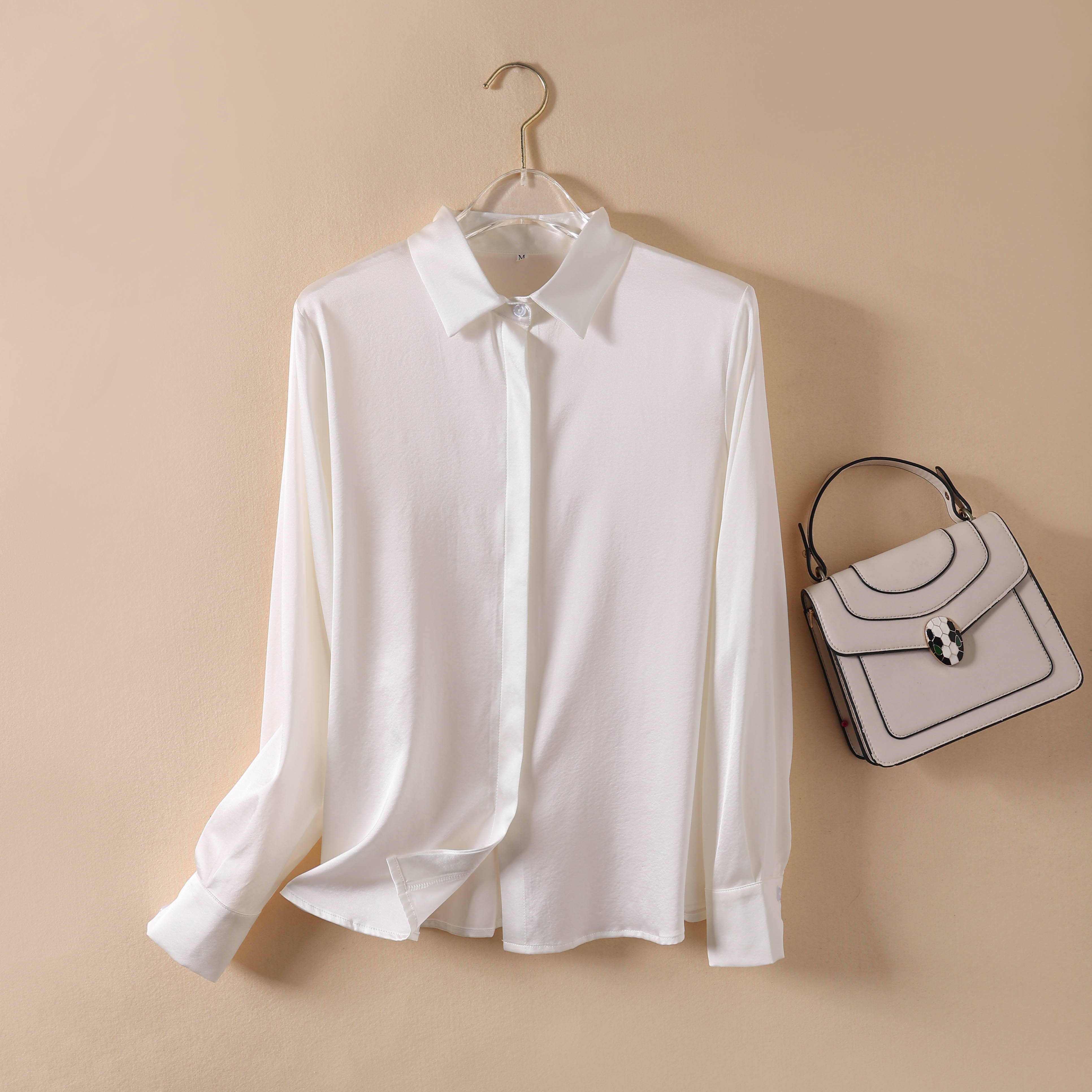 Chemise en soie satinée de luxe pour femme, manches longues, 93% soie de mûrier, style bureau pour le printemps/été