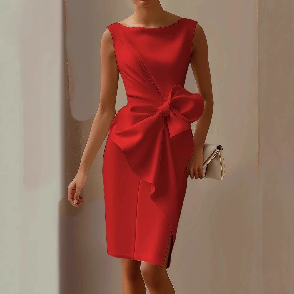 Robe midi sans manches à nœud papillon tendance 2026, couleur unie, style européen pour femmes