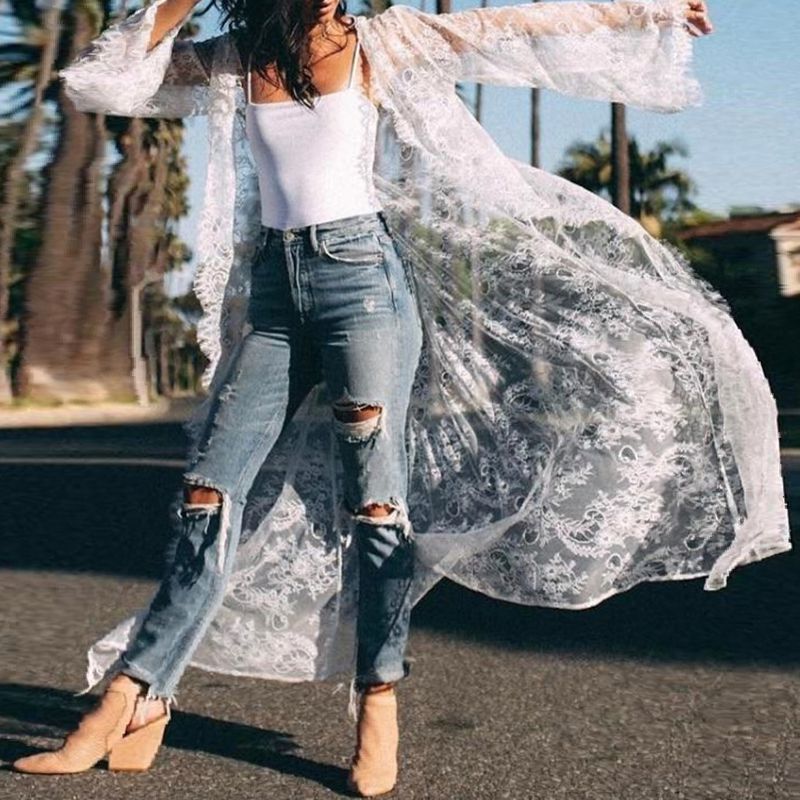 Kimono en dentelle florale trois quarts pour femmes, Cardigan en Crochet, Cover-Up pour les maillots de bain, vêtements de plage, été 2020