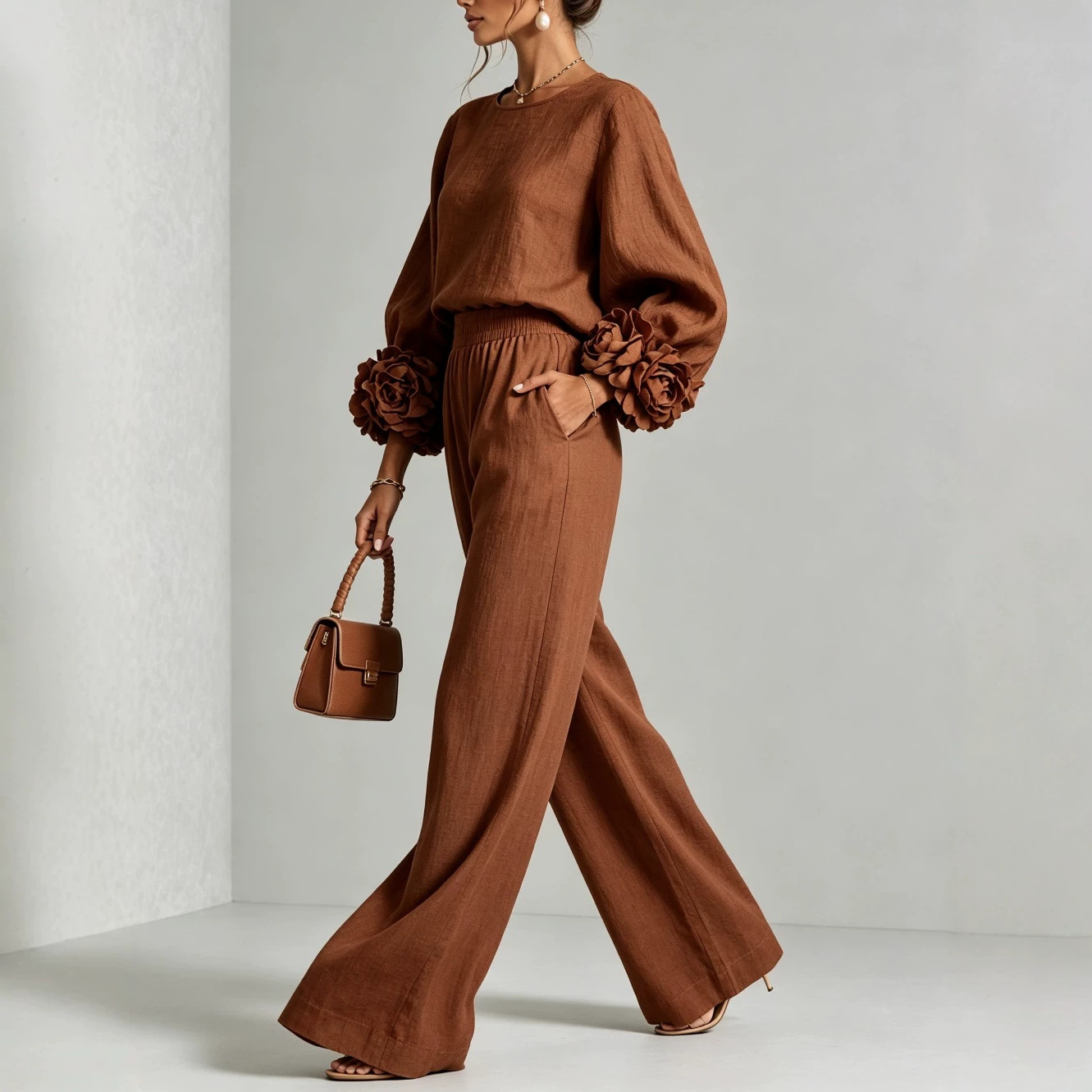 Ensemble 2 pièces pour femme : Haut à col rond et manches longues bouffantes, motif floral 3D + pantalon large à taille élastique – Tenue élégante et décontractée pour le bureau, collection automne
