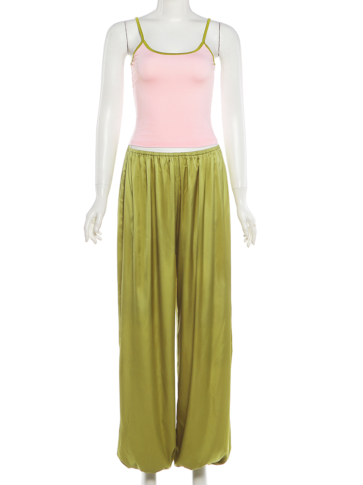 Nouvel ensemble 2 pièces sexy et chic pour femme : Camisole moulante à col bas et dos nu avec blocs de couleur tendance + Pantalon droit – Tenue décontractée et mode