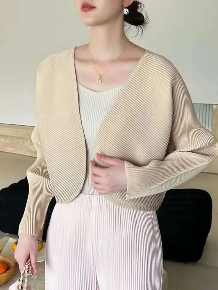 GVUW-Veste Plissée à Col en V pour Femme, Vêtement d'Extérieur Décontracté à Manches sulf, Point Ouvert, Couleur Unie, Nouvelle Collection 2025, 17G9774