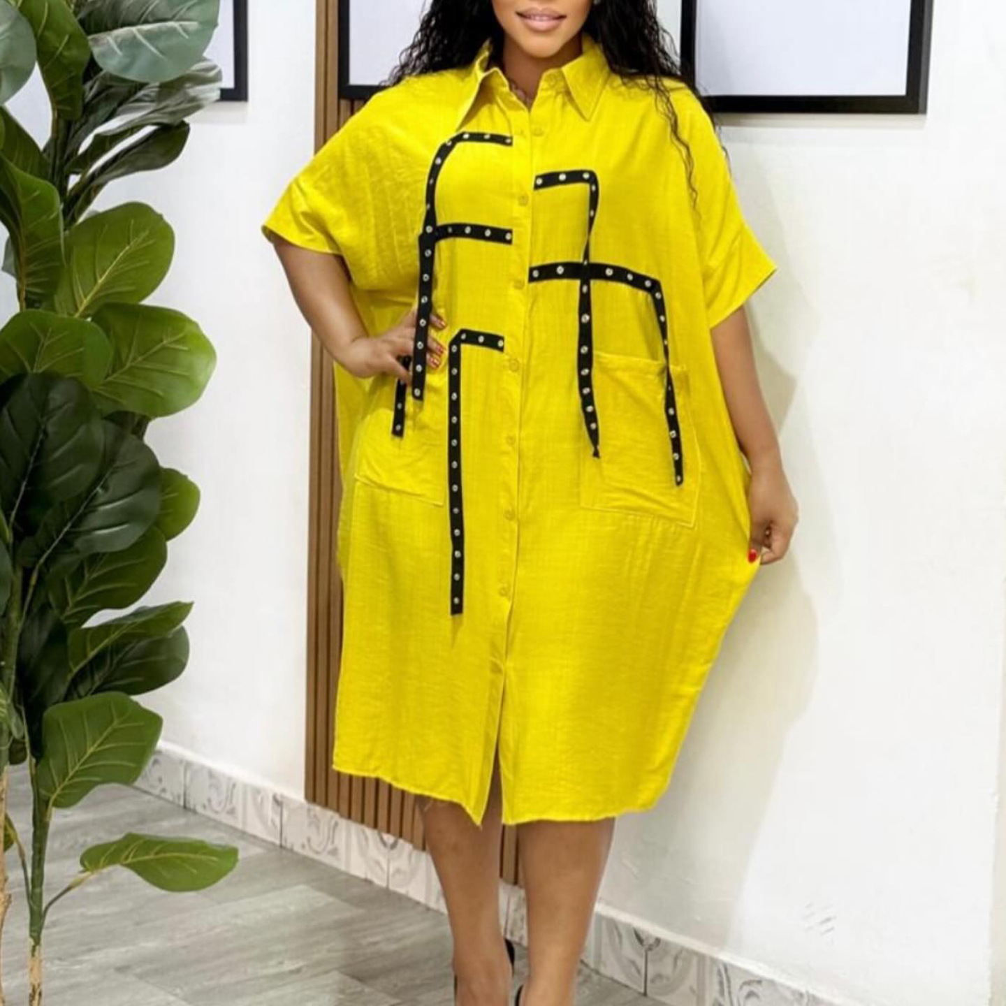 Robe chemise ample mode revers simple boutonnage demi manches grande poche épissé ​ ​ Robes midi pour femmes, chemise de banlieue élégante